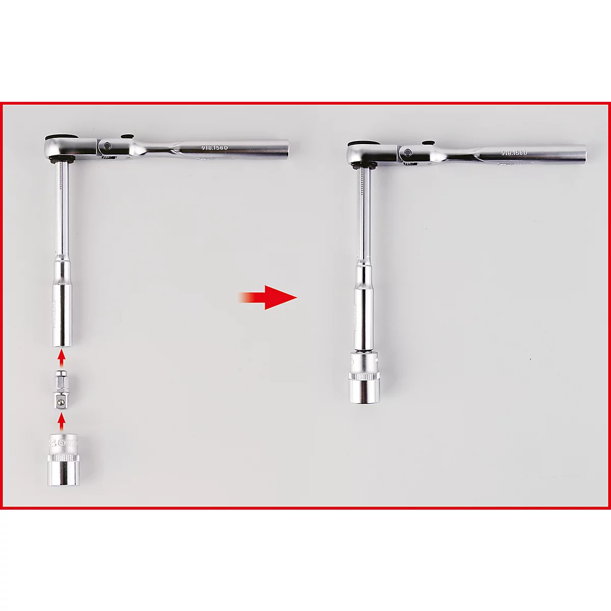 Zwei silberne Knarren, eine zerlegt, eine montiert. Ein roter Pfeil zeigt die Montage.